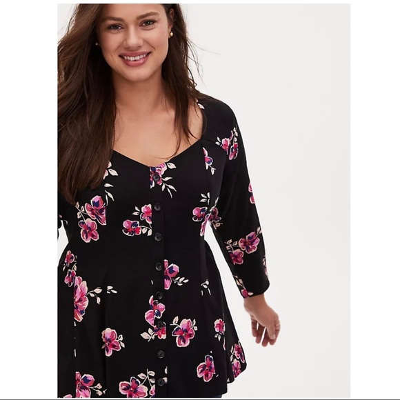 torrid Tops - Torrid Black Floral Challis Fit & Flare Blouse